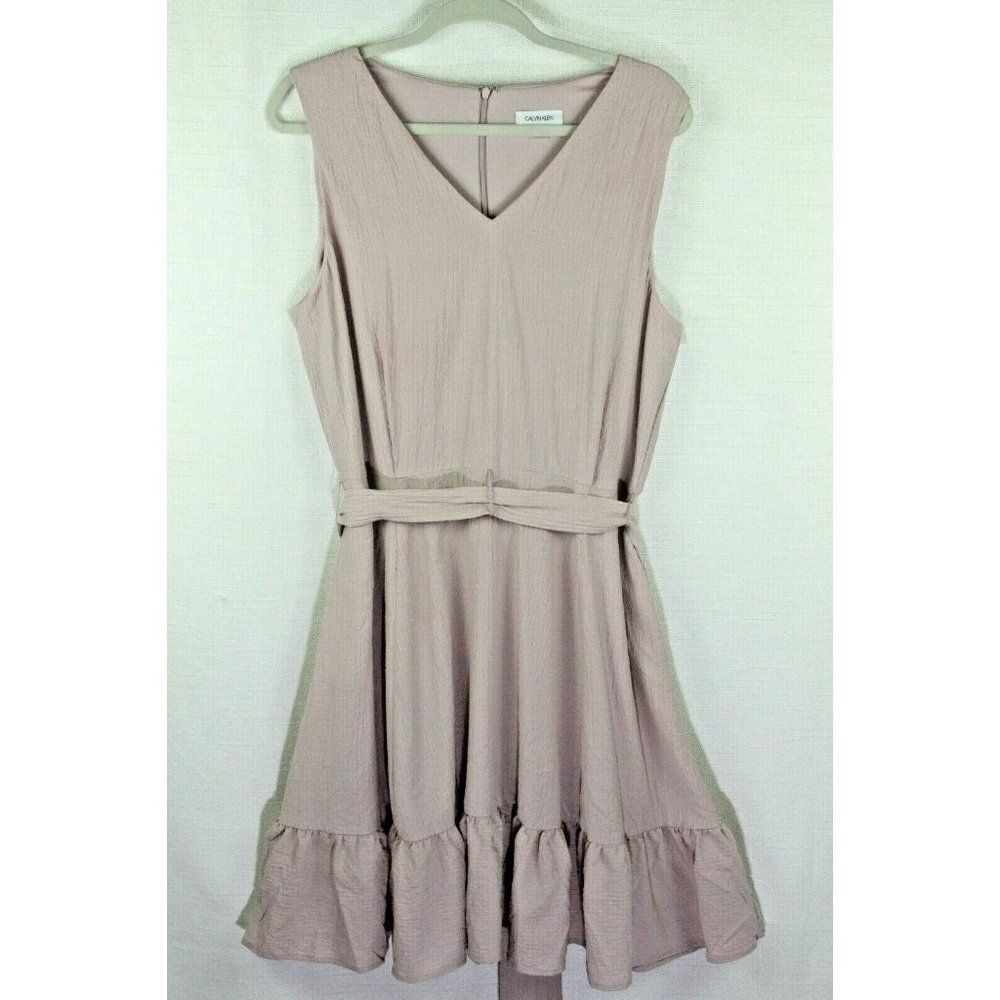 Calvin Klein Dress Fit & Flare Pink Crinkle Ruffle Bohemian Sleeveless Womens 14